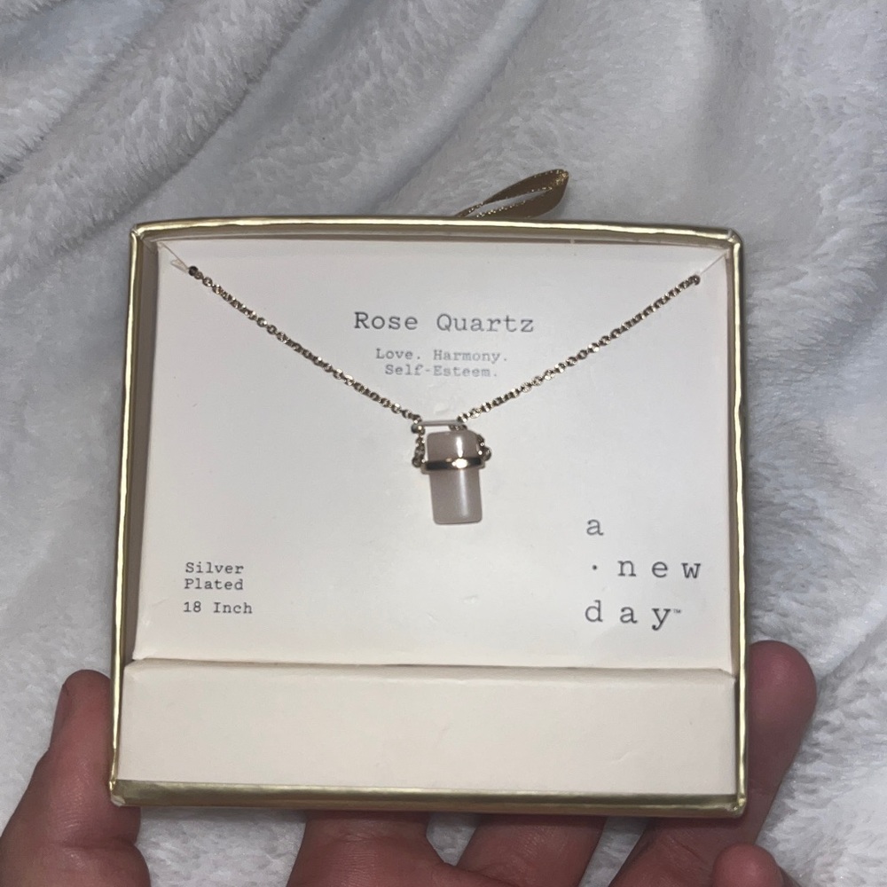 a new day Pink Rose Quartz Pendant Necklace with Silver-Plated Chain